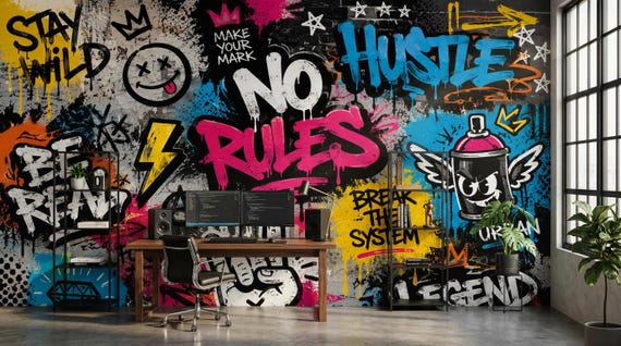 Peel and Stick, Non Woven Wallpaper, Grunge Graffiti Street Art Mural