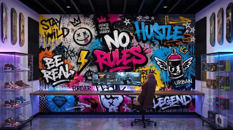 May include: A wall mural featuring vibrant graffiti art with text including "STAY WILD," "MAKE YOUR MARK," "NO RULES," "BE REAL," "HUSTLE," "URBAN," and "LEGEND." The design incorporates a smiley face, a lightning bolt, a winged spray paint can, and diamond icons in bright pink, blue, yellow, and black colors.