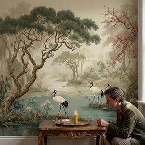 K&ouml;nnte beinhalten: Eine malerische Tapetenmalerei, die eine ruhige Landschaft mit einem Fluss, B&auml;umen und Kranichen darstellt. Das Wandbild hat eine ged&auml;mpfte Farbpalette aus Gr&uuml;n-, Blau- und Beiget&ouml;nen. Eine Person sitzt in der N&auml;he eines Tisches mit einer Kerze und einer Streichholzschachtel.