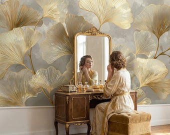 Gold Ginkgo Leaf Peel and Stick, Luxury Non Woven Wallpaper, Grey Floral Mural