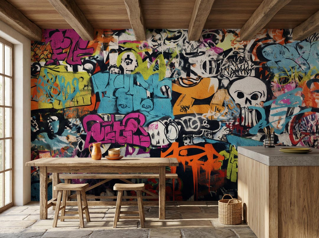 Graffiti Skull Wall Mural Colorful Street Art Peel and Stick Vinyl Wall ...