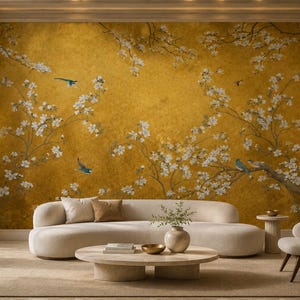 Gold Floral Peel and Stick, Chinoiserie Non Woven Wallpaper, Elegant Bird Mural image 1