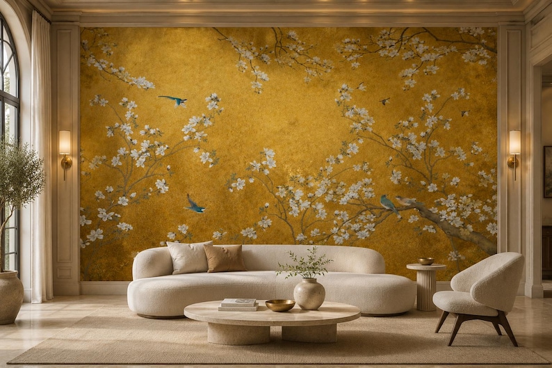 Gold Floral Peel and Stick, Chinoiserie Non Woven Wallpaper, Elegant Bird Mural image 1