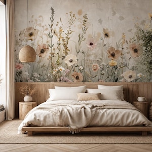 Boho Floral Mural, Peel and Stick Wallpaper, Non Woven Wildflower Decor