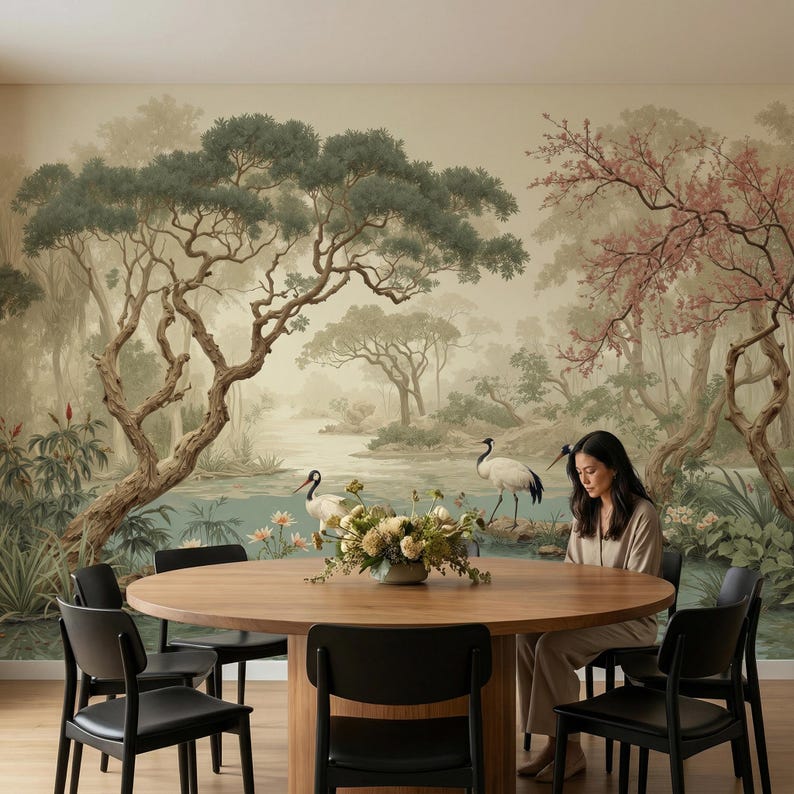 K&ouml;nnte beinhalten: Ein runder Esstisch aus Holz mit schwarzen St&uuml;hlen steht vor einem Wandbild, das eine ruhige Landschaft mit B&auml;umen, Wasser und V&ouml;geln darstellt. Eine Frau sitzt am Tisch, und ein Blumenarrangement befindet sich in der Mitte.