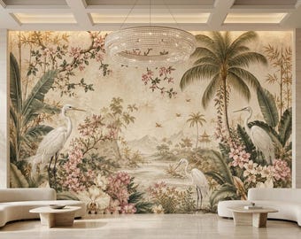 シノワズリー鶴柄壁画、貼ってはがせる不織布壁紙