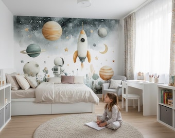 Space Peel and Stick Wallpaper, Watercolor Non Woven Mural, Kids Galaxy Nursery Decor