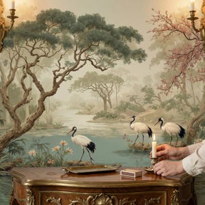 K&ouml;nnte beinhalten: Ein detailliertes Wandbild, das eine ruhige Landschaft mit einem Fluss, B&auml;umen und drei Kranichen zeigt. Eine Kerze wird auf einem Holztisch mit goldenen Akzenten angez&uuml;ndet. Ein kleines Tablett und eine Streichholzschachtel sind ebenfalls vorhanden.