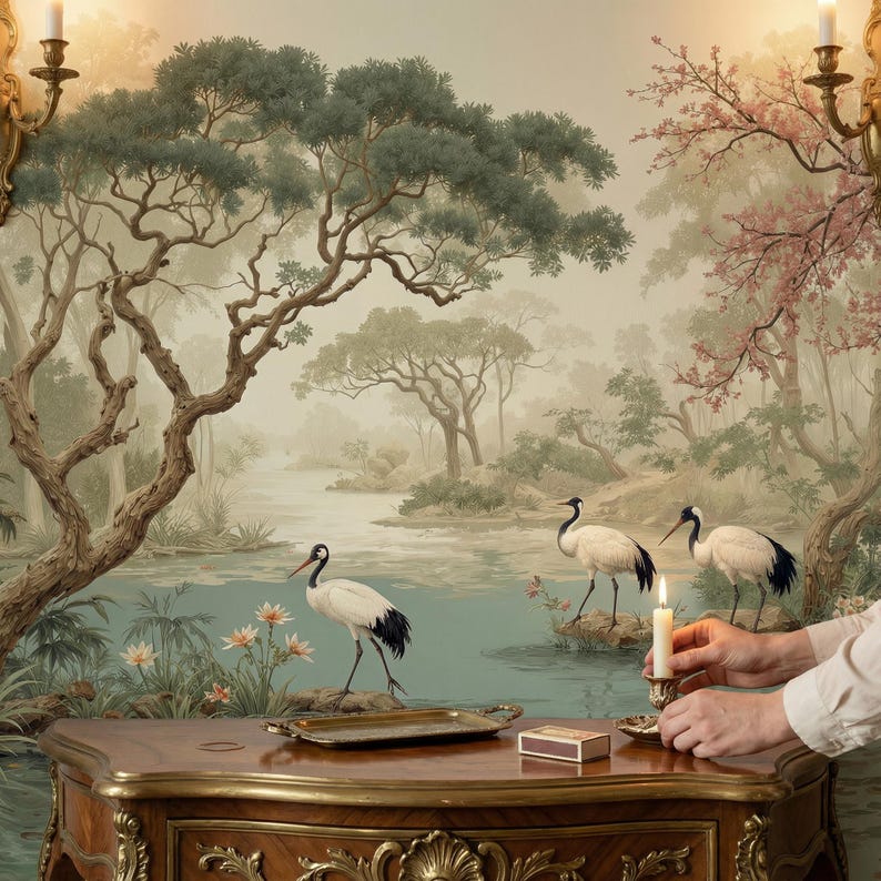 K&ouml;nnte beinhalten: Ein detailliertes Wandbild, das eine ruhige Landschaft mit einem Fluss, B&auml;umen und drei Kranichen zeigt. Eine Kerze wird auf einem Holztisch mit goldenen Akzenten angez&uuml;ndet. Ein kleines Tablett und eine Streichholzschachtel sind ebenfalls vorhanden.