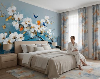Impressionist Floral Mural Wallpaper Vinyl Peel and Stick Removable White Blossom Wall Mural