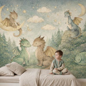 May include: A whimsical mural featuring watercolor dragons in shades of brown, green, and blue. Dragons are perched on a crescent moon, rocks, and among clouds and stars. A child sits on a bed in front of the mural.