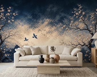 Chinoiserie Peel and Stick Tapete Dunkelblau Nebligen Berg Vlies Wandbild