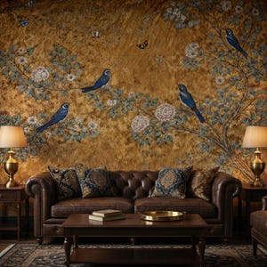 May include: A luxurious living room with a brown leather sofa, a dark wood coffee table, and side tables with lamps. The focal point is a mural depicting birds, flowers, and butterflies on a golden-toned wall, creating an elegant atmosphere.