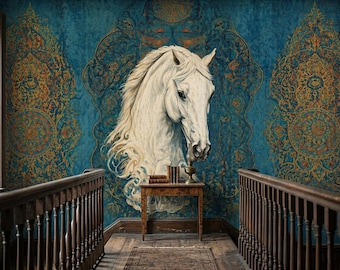 Papier peint cheval blanc bleu sarcelle, papier peint oriental vinyle autocollant, cheval arabe