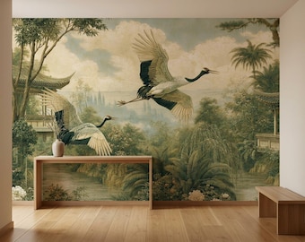 Fliegen Kranich Pagode schälen und aufkleben Wandbild Chinoiserie Garten Vlies Tapete Asiatisch Flussufer