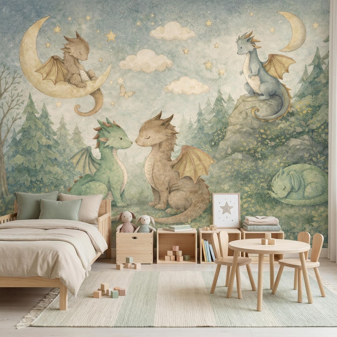 Watercolor Dragon Nursery Wallpaper Vinyl Peel and Stick Removable Baby ...