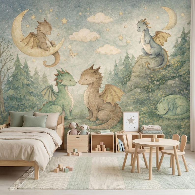 May include: A whimsical mural featuring watercolor dragons in a forest setting. Dragons in shades of green, brown, and blue are depicted with wings, set against a backdrop of trees, clouds, stars, and a crescent moon. A child's bed and furniture are in the foreground.