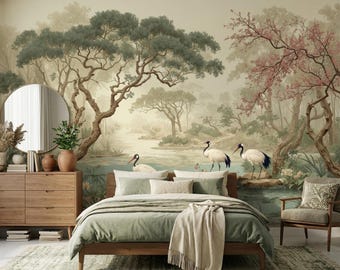 Papel pintado beige vintage chinoiserie con grúa, vinilo autoadhesivo, mural escénico extraíble