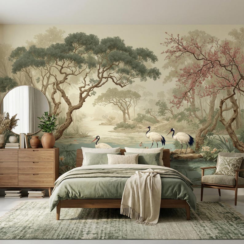 K&ouml;nnte beinhalten: Ein Schlafzimmer mit einem Holzbett, salbeigr&uuml;ner Bettw&auml;sche und einem passenden Teppich. Die Wand zeigt ein Wandbild einer ruhigen Landschaft mit B&auml;umen, Wasser und Kranichen. Ein runder Spiegel und ein Holzstuhl vervollst&auml;ndigen die Szene.