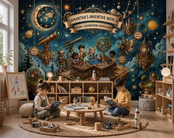 Vintage Cosmic Engineering Mural, Peel and Stick Celestial Decor, Non Woven Kids Wallpaper