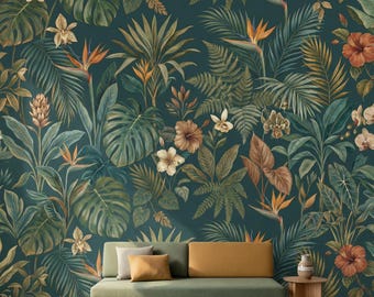 Dunkel Teal Botanische Tapete, Vinyl Schälen und Stick Abnehmbares Tropisches Blumenwandbild