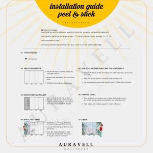 May include: Installation guide for peel & stick wallpaper. The guide is on a yellow background with black text and diagrams. Instructions include wall preparation, marking a staring line, applying the first panel, and trimming edges. The brand name is Auravell Wallpaper.