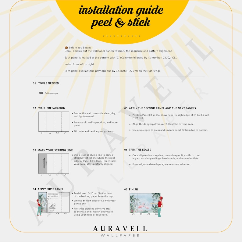 May include: Installation guide for peel & stick wallpaper. The guide is on a yellow background with black text and diagrams. Instructions include wall preparation, marking a staring line, applying the first panel, and trimming edges. The brand name is Auravell Wallpaper.