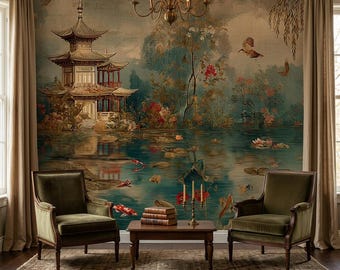 Papel pintado de estilo chinoiserie vintage con diseño de pagoda de flor de loto, mural de vinilo autoadhesivo para decoración.