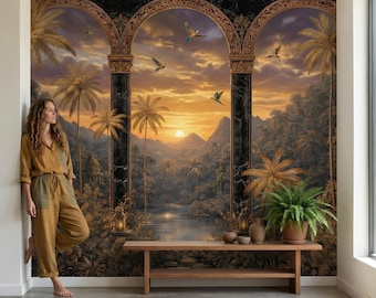 Black Marble Tropical Wallpaper Vinyl Peel and Stick Removable Arch Window Jungle Wall Mural