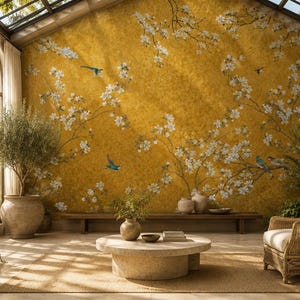 Gold Floral Peel and Stick, Chinoiserie Non Woven Wallpaper, Elegant Bird Mural image 7