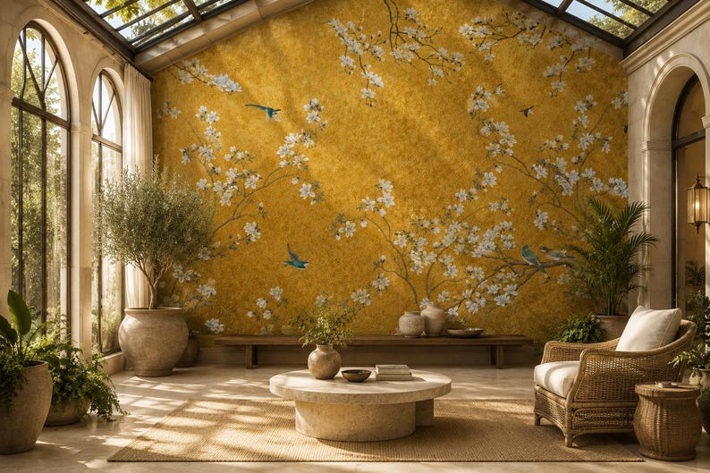 Gold Floral Peel and Stick, Chinoiserie Non Woven Wallpaper, Elegant Bird Mural image 7