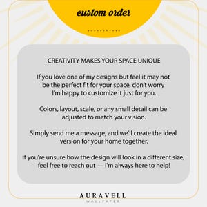 May include: A graphic with the text "custom order" in a yellow semi-circle. The text "CREATIVITY MAKES YOUR SPACE UNIQUE" is above a description of custom wallpaper services. The brand name "AURAVELL WALLPAPER" is at the bottom.