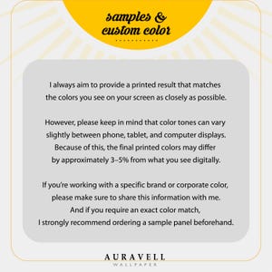 May include: A graphic with text about color matching for printed results. The text explains that colors may vary slightly between devices and recommends ordering a sample panel for exact matches. The brand name "AURAVELL WALLPAPER" is at the bottom.