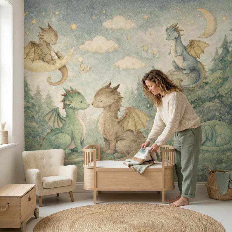 May include: A whimsical nursery scene featuring a mural with watercolor dragons, clouds, and stars. A light wood crib, a beige armchair, and a round jute rug complete the room. A woman is placing a blanket on the crib.