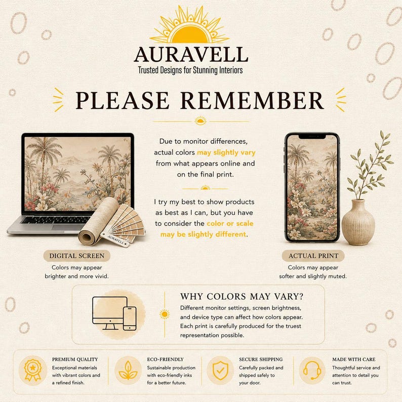 May include: An informational graphic by AURAVELL titled PLEASE REMEMBER, explaining color variations between digital screens and actual prints. It features a laptop, a smartphone, and text detailing how monitor settings affect color perception.