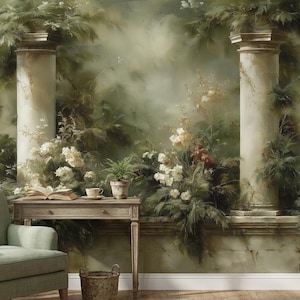 May include: An artistic mural depicts a classical garden scene with two columns, lush greenery, and white flowers. A small table with a book, teacup, and potted plant sits near a green armchair and a woven basket.