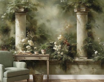 Papel pintado vintage italiano con diseño de jardín, autoadhesivo, con columnas antiguas y murales florales. Arte mural renacentista.