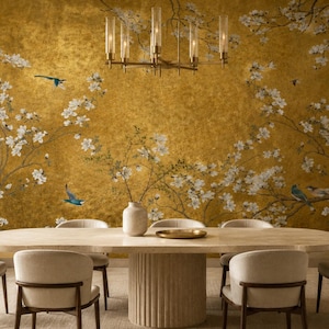Gold Floral Peel and Stick, Chinoiserie Non Woven Wallpaper, Elegant Bird Mural image 2