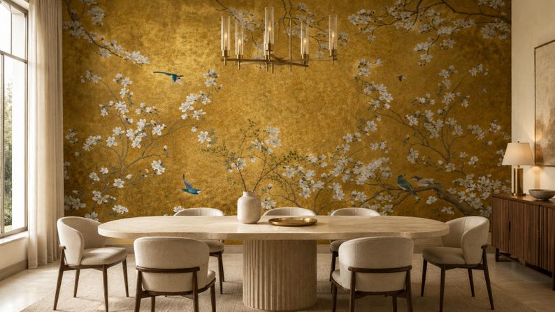 Gold Floral Peel and Stick, Chinoiserie Non Woven Wallpaper, Elegant Bird Mural image 2