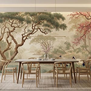 K&ouml;nnte beinhalten: Ein Esszimmer mit einem gro&szlig;en Wandbild, das eine ruhige Landschaft mit B&auml;umen, einem Fluss und V&ouml;geln darstellt. Ein Holztisch mit sechs St&uuml;hlen steht vor dem Wandbild. Der Raum hat ein modernes, minimalistisches Design.
