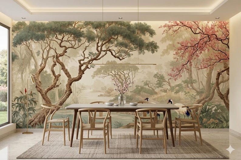 K&ouml;nnte beinhalten: Ein Esszimmer mit einem gro&szlig;en Wandbild, das eine ruhige Landschaft mit B&auml;umen, einem Fluss und V&ouml;geln darstellt. Ein Holztisch mit sechs St&uuml;hlen steht vor dem Wandbild. Der Raum hat ein modernes, minimalistisches Design.