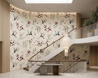 Kranich Pflaumenblüte schälen und aufkleben Wandbild, Chinoiserie Rapport Vlies Tapete, Elfenbeinmuster