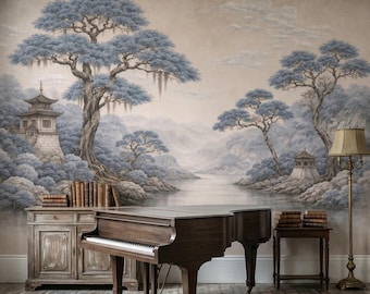 Blue Chinoiserie Landscape Wallpaper Vinyl Peel and Stick Removable Asian Nature Wall Mural