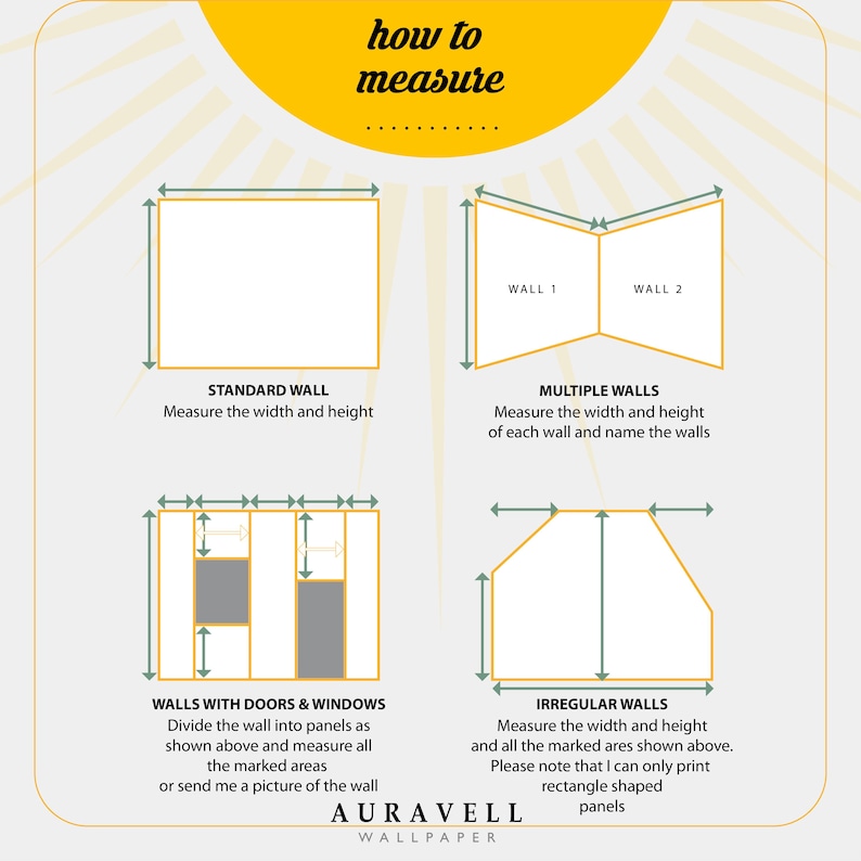 May include: An illustrated guide on how to measure walls for wallpaper. The image shows diagrams for standard, multiple, and irregular walls, as well as walls with doors and windows. Text includes "how to measure" and "AURAVELL WALLPAPER".