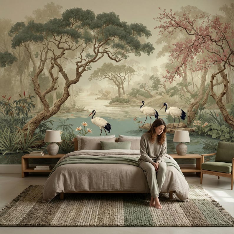K&ouml;nnte beinhalten: Ein Schlafzimmer mit einem Wandbild mit B&auml;umen, Wasser und V&ouml;geln. Das Bett hat eine beige Bettdecke und gr&uuml;ne Akzente. Eine Frau sitzt auf dem Bett. Der Raum umfasst Nachttische aus Holz, Lampen und einen gestreiften Teppich.