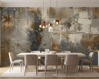 Abstract Peel and Stick Wallpaper, Gold Textured Non Woven Mural, Modern Grey Art