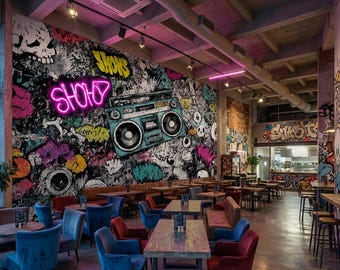 Graffiti Boombox Peel and Stick Wallpaper, Urban Retro Non Woven Mural, Grunge Skull Art