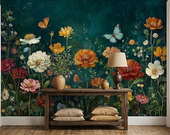 Dark Moody Wildflower Wallpaper Vinyl Peel and Stick Removable Meadow Flower Wall Mural