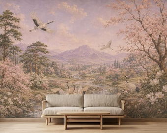 Frühling Kranich Blüte schälen und aufkleben Wandbild Asiatische Landschaft Vlies Tapete Pastell Garten