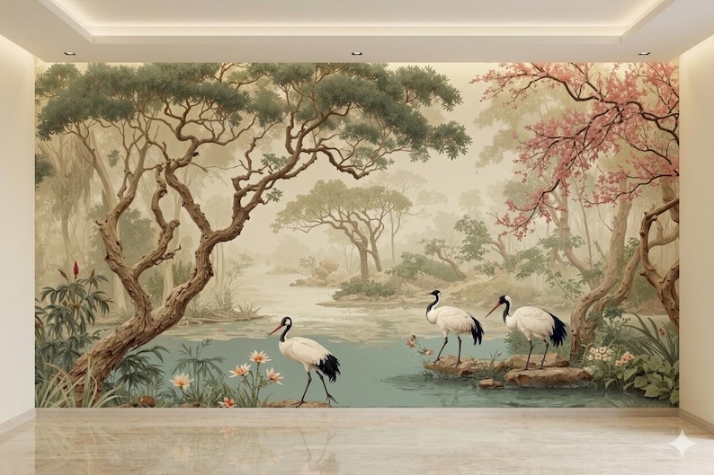K&ouml;nnte beinhalten: Ein malerisches Wandbild, das eine ruhige Landschaft mit einem ruhigen See, &uuml;ppigen B&auml;umen und zarten rosa Bl&uuml;ten darstellt. Drei elegante wei&szlig;e und schwarze Kraniche stehen anmutig am Wasser und verleihen der Szene einen Hauch von nat&uuml;rlicher Sch&ouml;nheit.